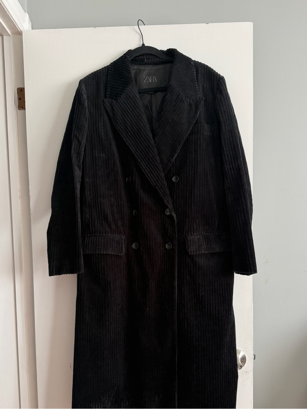 Zara Black Long Double-Breasted Corduroy Trench Coat